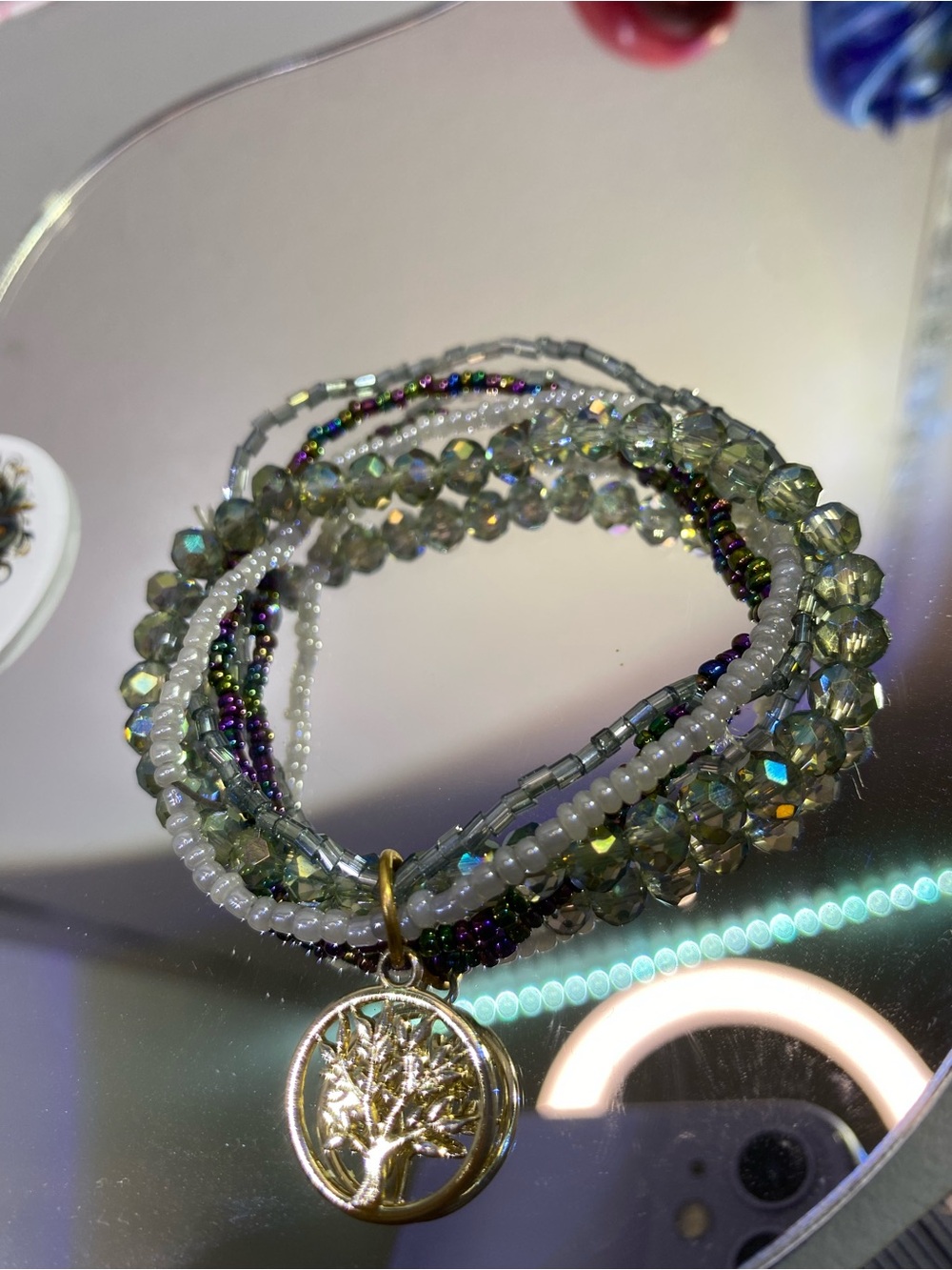 Gold Tree of Life Multi-Strand Green Beaded Bracelet - Picture 4 of 7
